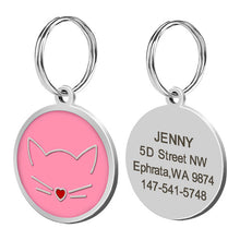 Load image into Gallery viewer, Custom Cat ID Tag Personalized Cat Name Tag Pendant Collar Engraved Cats Kitten Name Plate Accessories Paw Round Glitter Pink