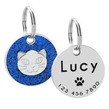 Load image into Gallery viewer, Custom Cat ID Tag Personalized Cat Name Tag Pendant Collar Engraved Cats Kitten Name Plate Accessories Paw Round Glitter Pink